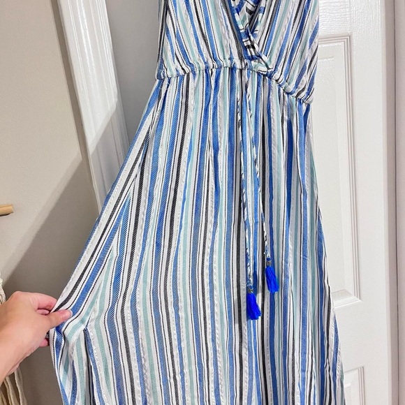 Blue Island - White & Blue Striped Halter Neck Tie Maxi Dress - Picture 2 of 7